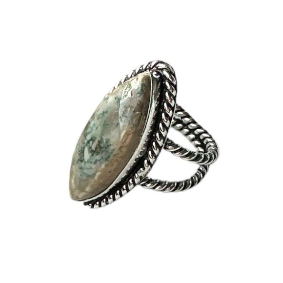 NEW Marquise Jasper Twisted Double Band 925 Overlay Ring Cream Green Size 5-1/2 - Picture 2 of 9
